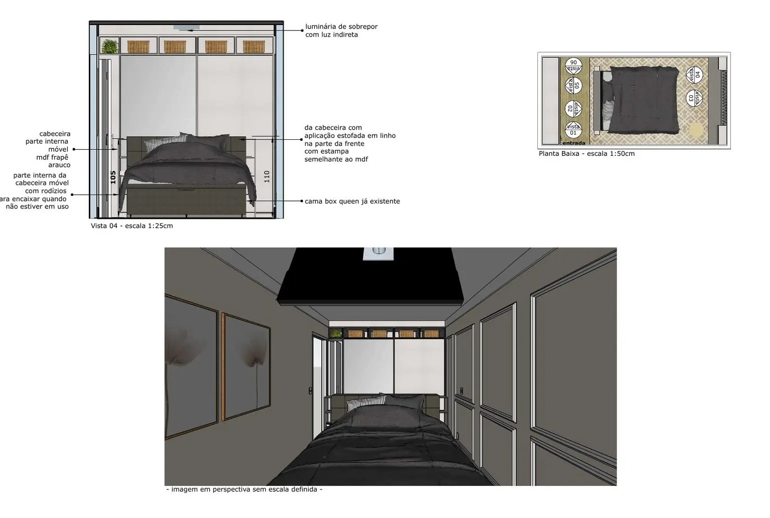 Dormitório do Projeto de Interiores A.C.: a vista da cabeceira, com o painel estofado e a luz indireta