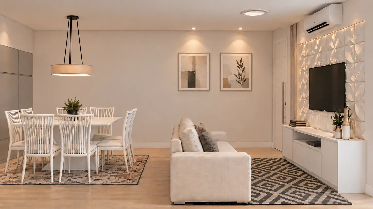 The living room of Interior Design Project A.C., with the living and dining areas combined