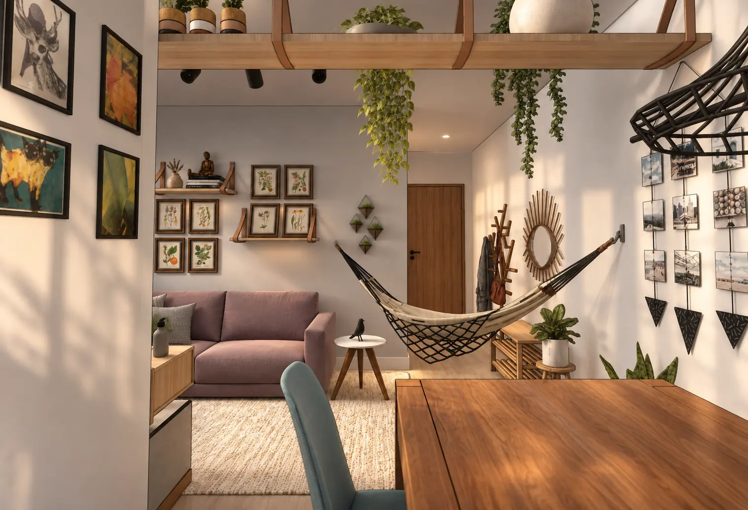 The living room of Apartamento Escandinavo, with the pink sofa, the hammock and the plants