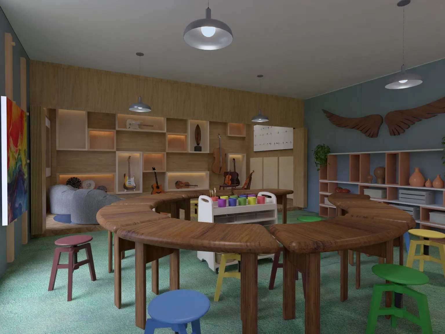 The atelier, with tables that resemble tree trunks
