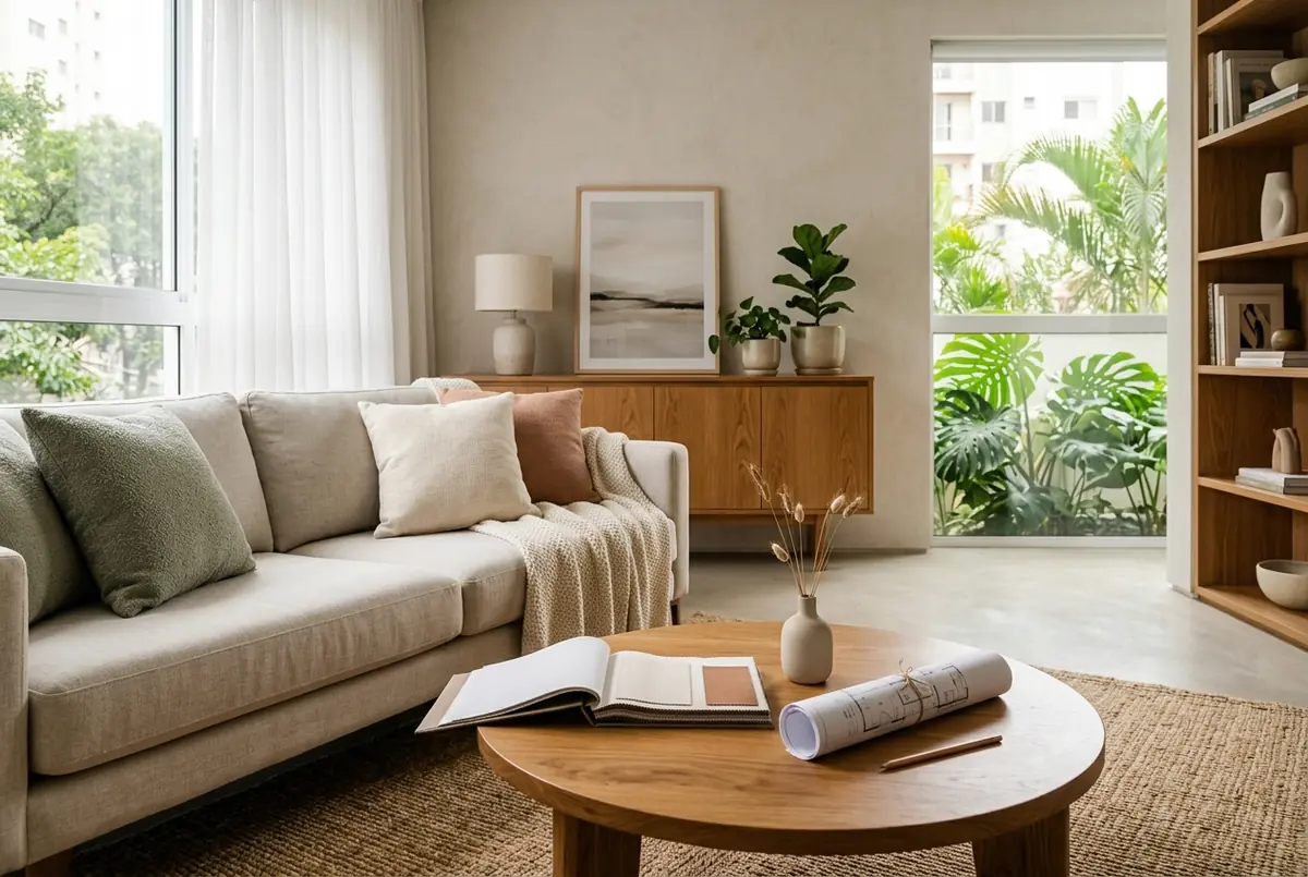 Sala clara e calma com sofá de linho, almofadas verde-sálvia e terracota, manta de tricô, mesa de centro redonda de madeira com um mostruário de tecidos e um rolo de plantas, aparador de carvalho e plantas ao fundo, com luz suave da manhã