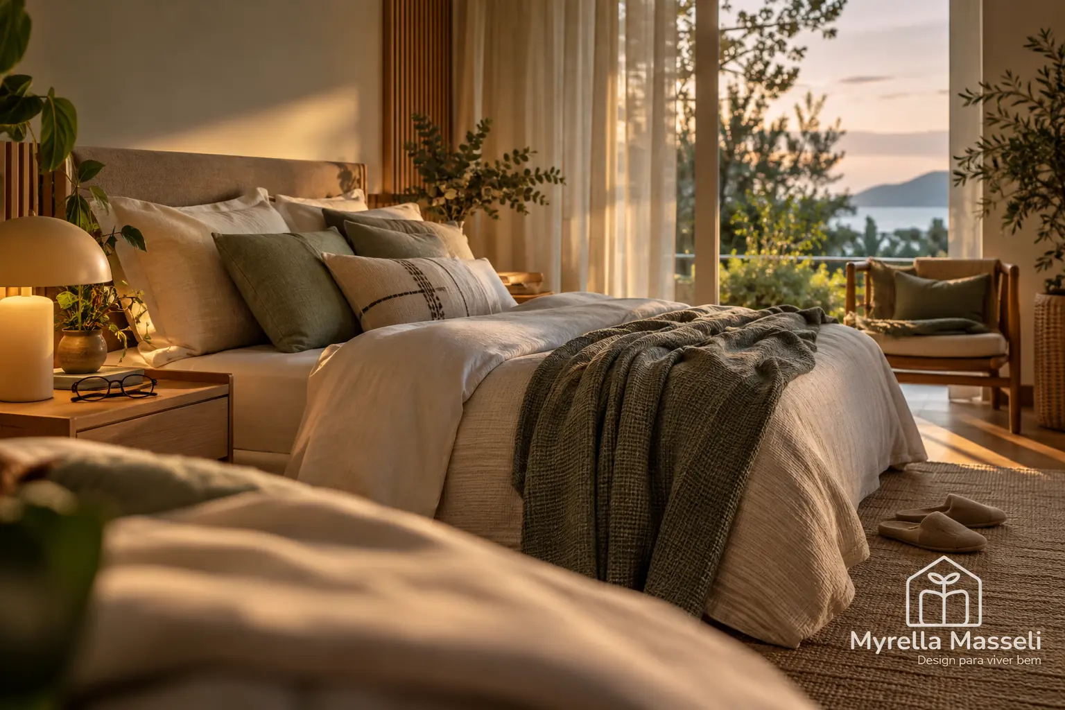 Quarto ao entardecer com cama de linho claro, almofadas verde-sálvia, manta verde de tricô, luminária acesa sobre a mesa de cabeceira com óculos e uma poltrona junto à janela com vista para o mar e as montanhas