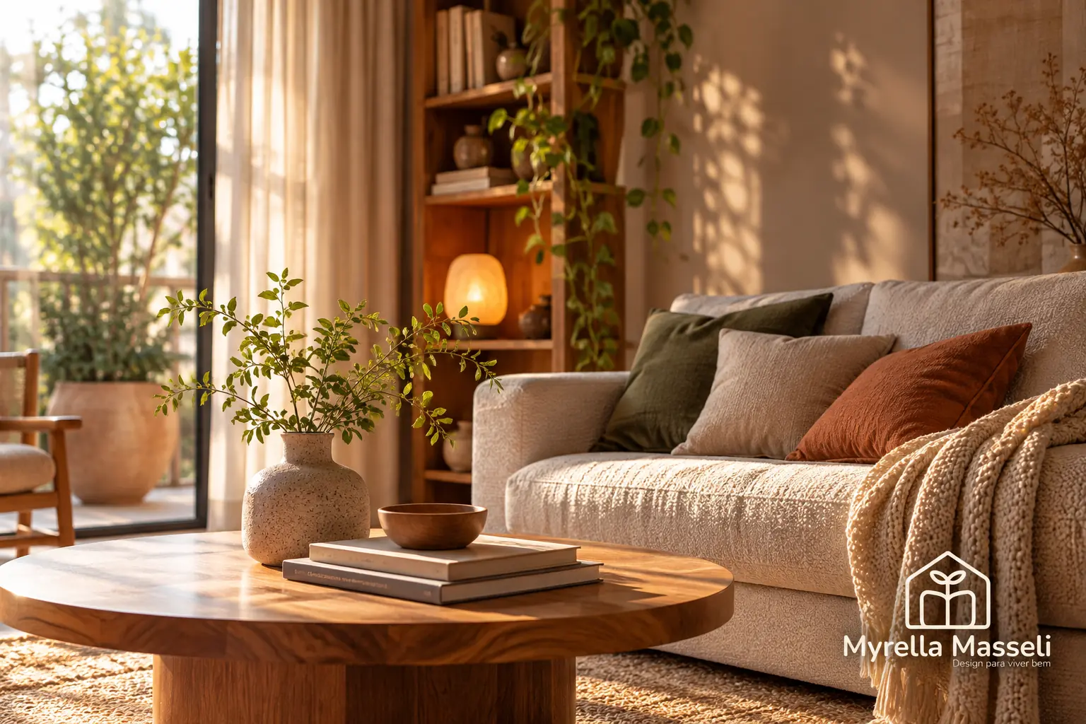 Sala aconchegante banhada pelo sol: sofá claro com almofadas verde, bege e terracota, manta de tricô, mesa de centro redonda de madeira com vaso e livros, estante com plantas e, no canto inferior direito, a marca Myrella Masseli
