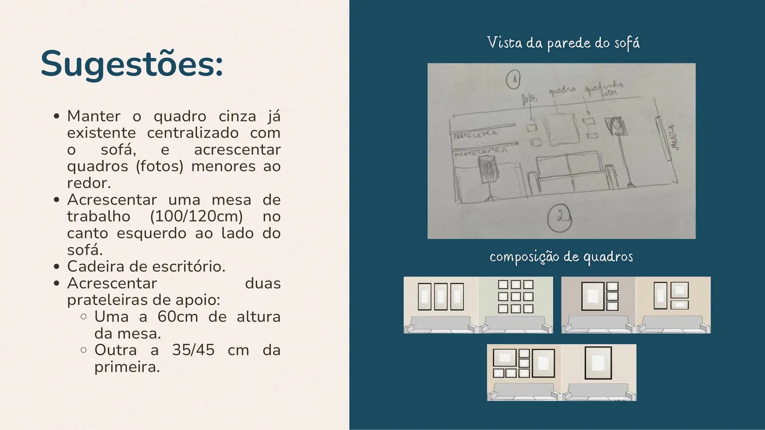 Consultoria on-line V.B.: a prancha de sugestões da sala, com o croqui da parede do sofá e os estudos de composição dos quadros